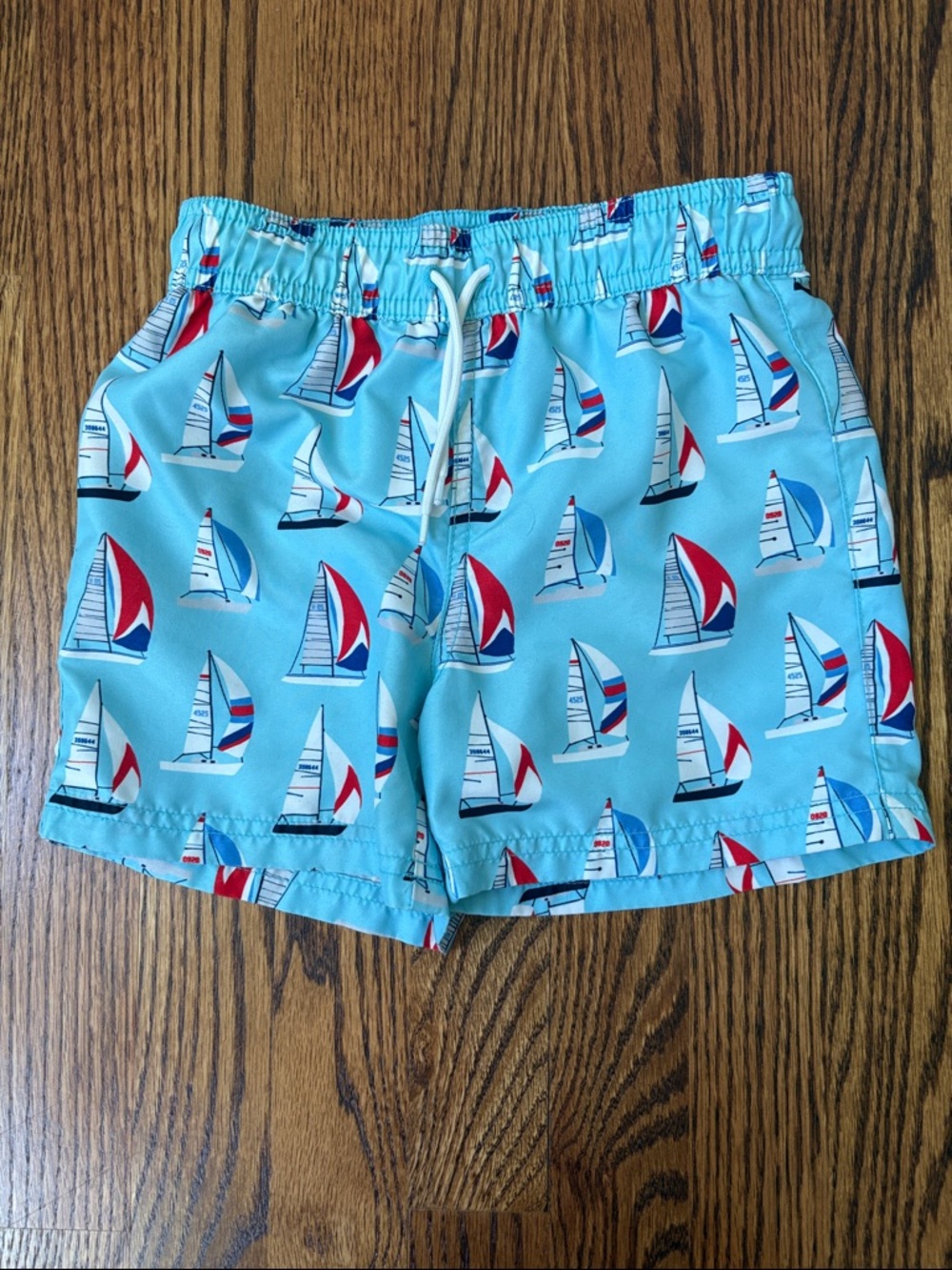 Janie and Jack Light Blue Sailboat Swim Shorts with Red Accents